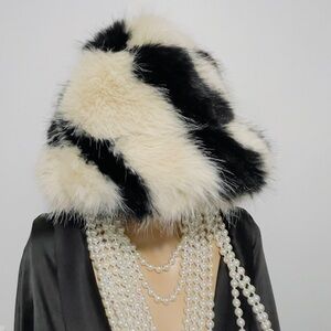 Chic Black and Off White Faux Fur Winter Bucket Hat